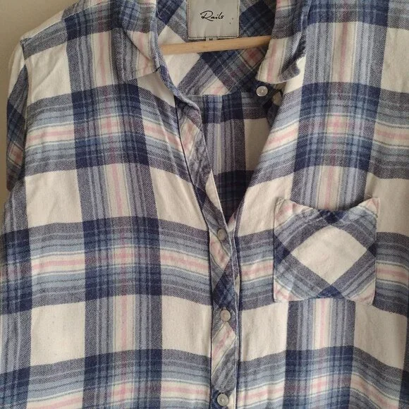Rails Charli Shirt M Blue Pink Plaid Flowy Relaxed Fit Button Front Top - Picture 3 of 11
